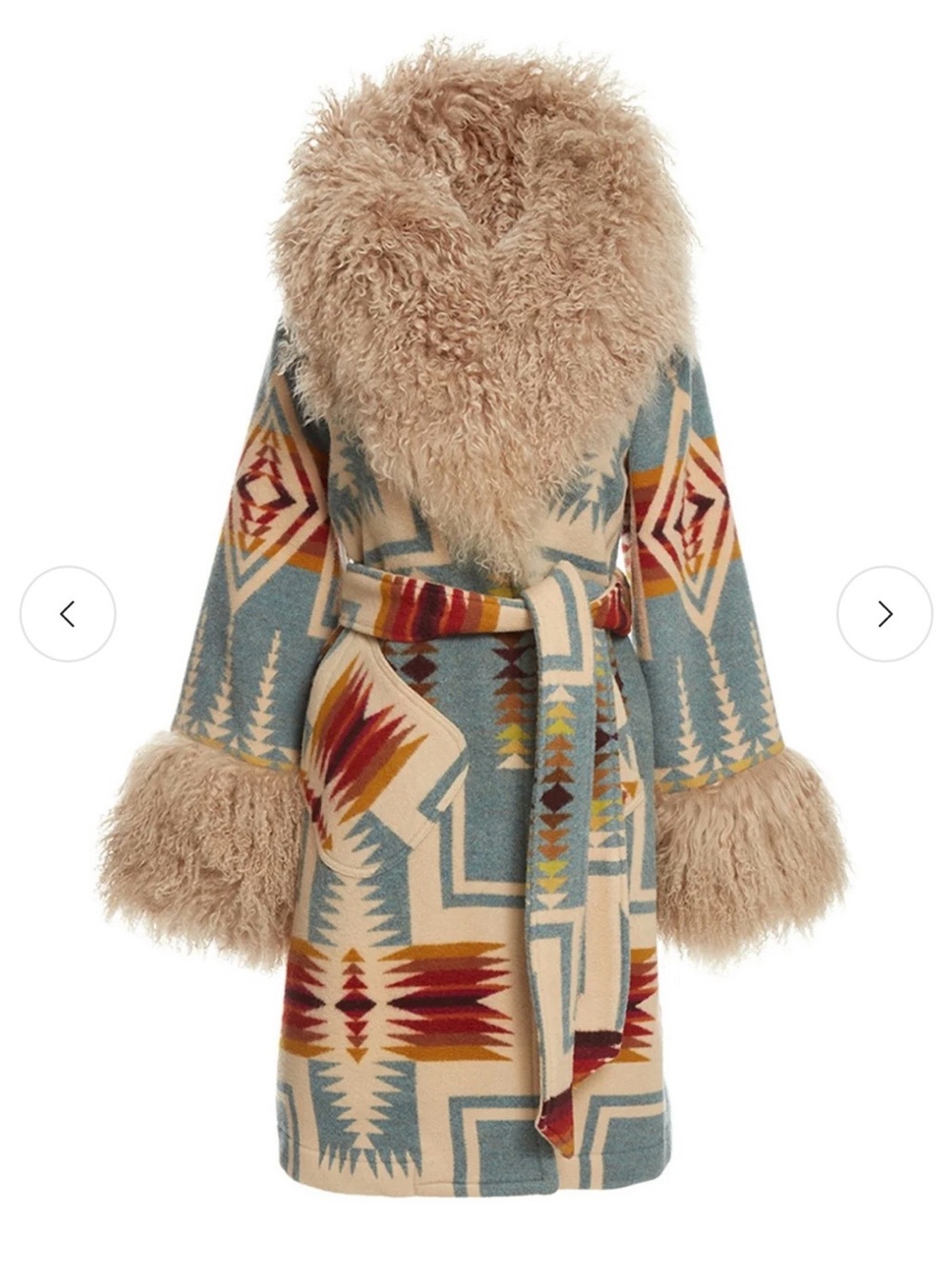 Women's Blue & Beige Aztec Print Coat with Faux Fur Trim
